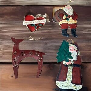 Christmas Ornaments 2 Hand Painted Metal Santa’s 1 Metal Deer 1 Merry Christmas